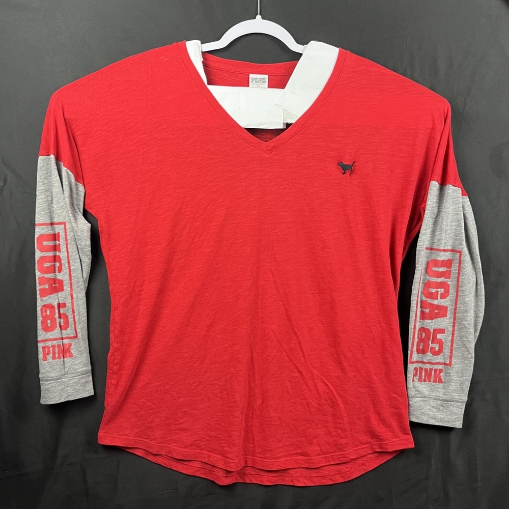 Victoria's Secret PINK University of Georgia UGA 85 Dawgs V-Neck Shirt Women L